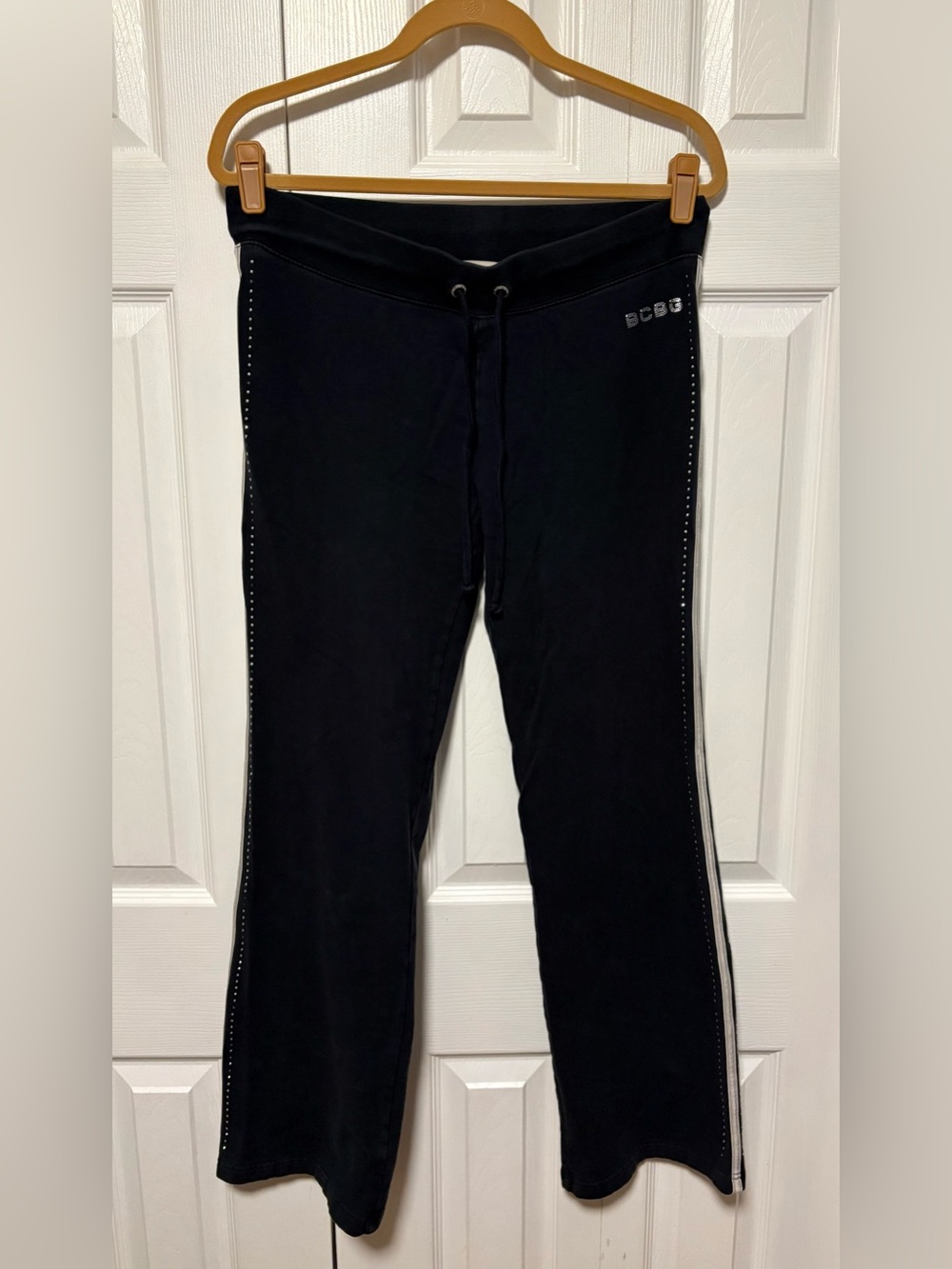 BCBG Black Track Pants with Off White Stripes and Studs on Sides